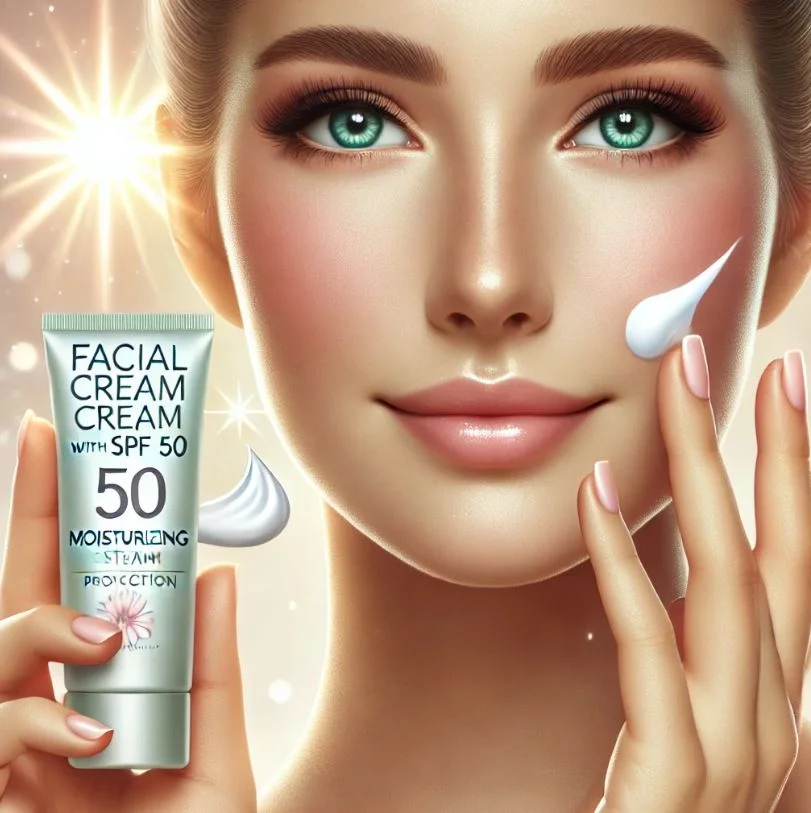 crema hidratante spf50 con mujer contenta