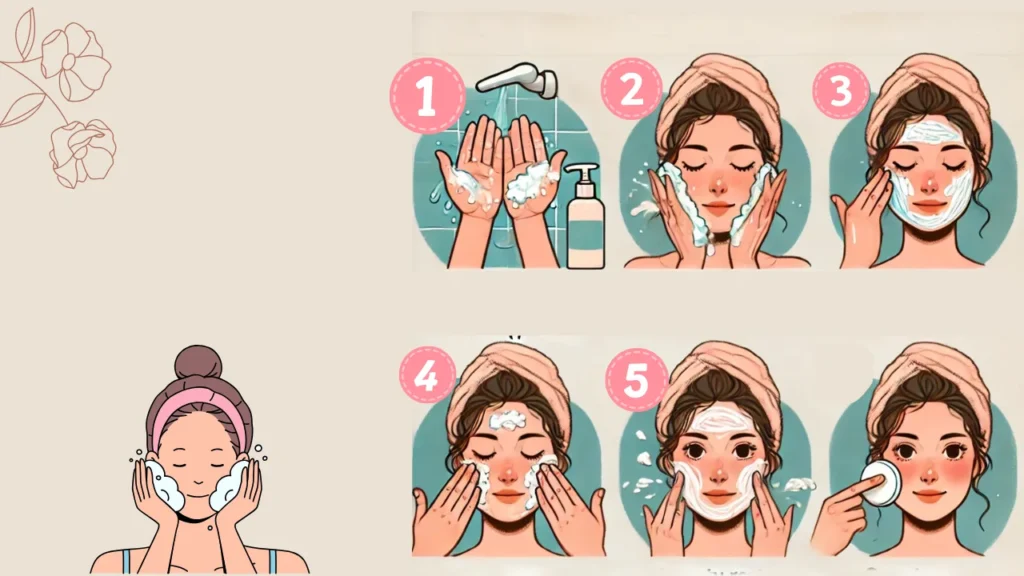 Mujer aplicando crema limpiadora en su rostro, masajeando suavemente y enjuagando con agua como parte de su rutina facial.