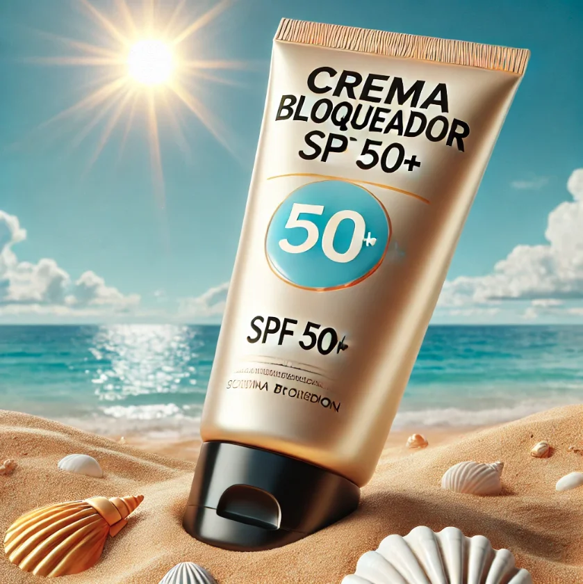 Crema bloqueadora SPF 50+ colocada en la arena de la playa con el sol de fondo, resaltando la importancia del cuidado solar.