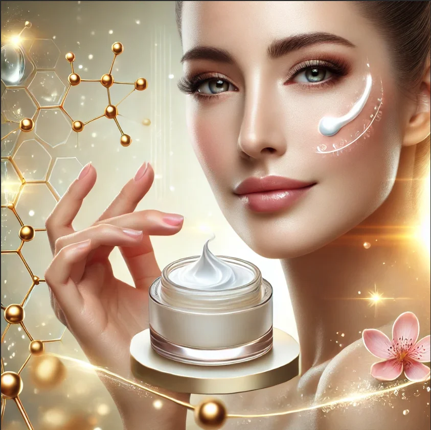 Mujer aplicando crema antiarrugas en su rostro para hidratar y reducir arrugas, logrando una piel joven y radiante