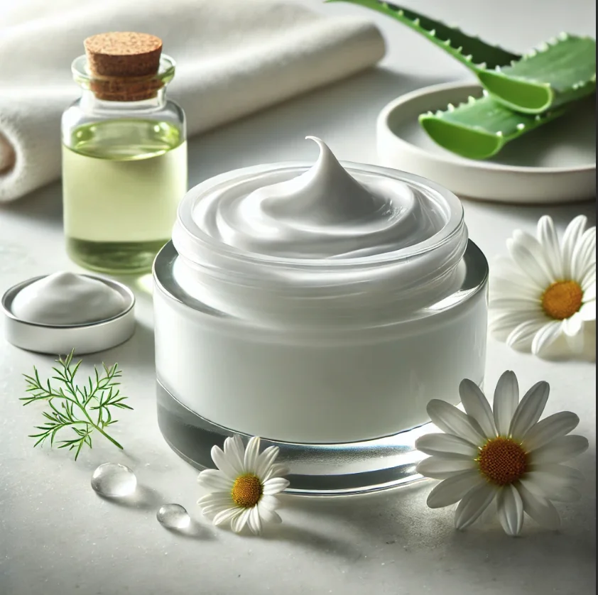 Frasco de crema limpiadora hidratante con ingredientes naturales en una presentación elegante.