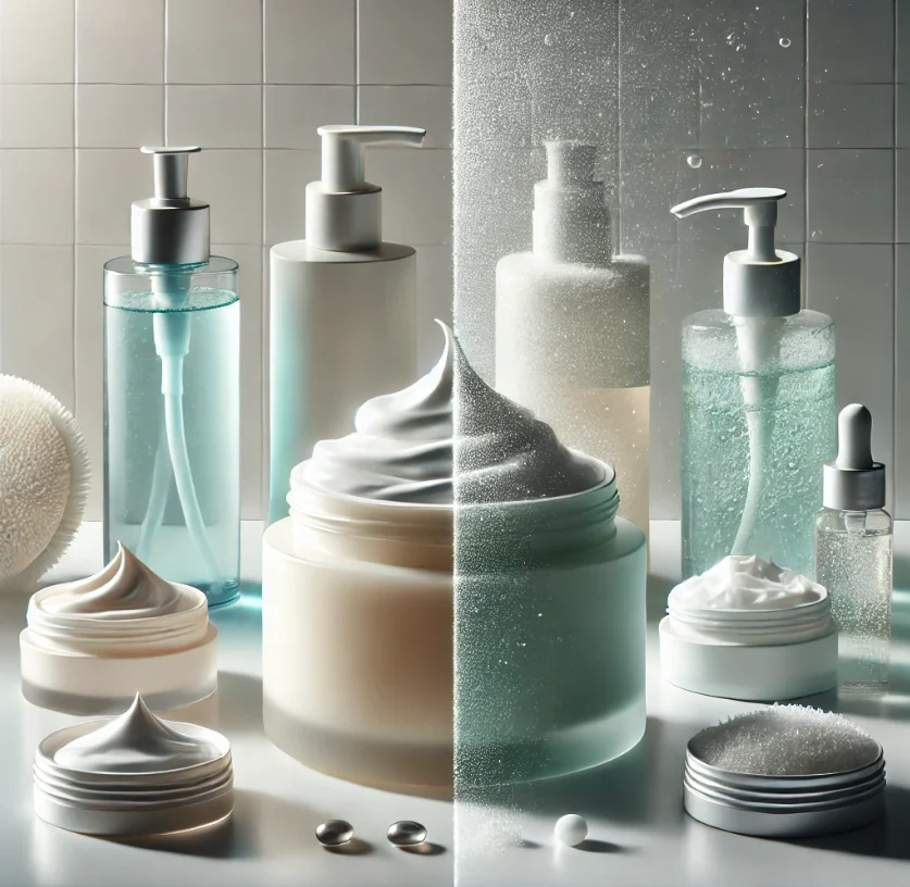Comparación entre crema limpiadora, gel limpiador, espuma y agua micelar para el cuidado facial.