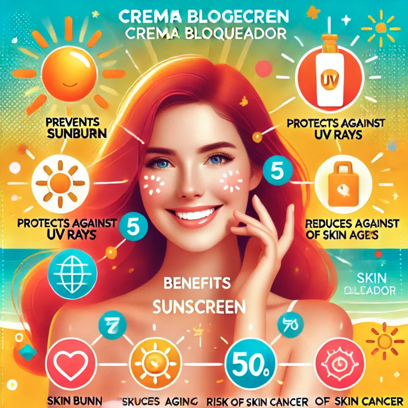 Infografía con mujer sonriente mostrando beneficios de la crema bloqueadora, como protección contra rayos UV, prevención de quemaduras y reducción del envejecimiento.