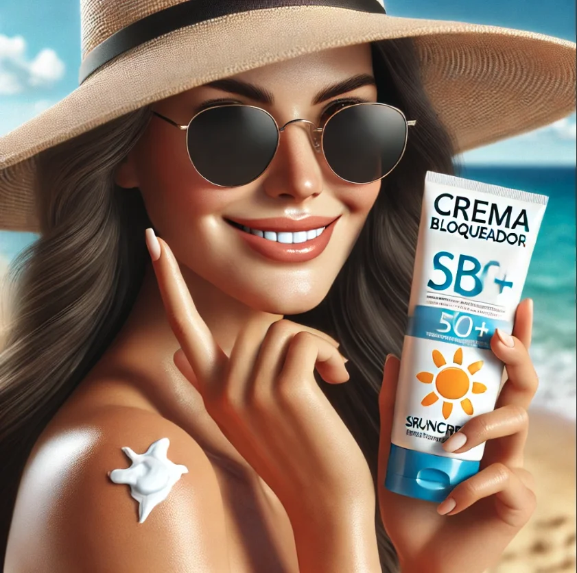 Mujer aplicando crema bloqueadora SPF 50+ en la playa con sombrero y gafas de sol, destacando la importancia de la protección UV.