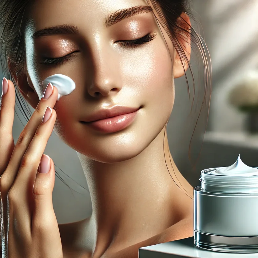 Mujer con piel radiante aplicando crema limpiadora en su rostro como parte de su rutina de cuidado facial.