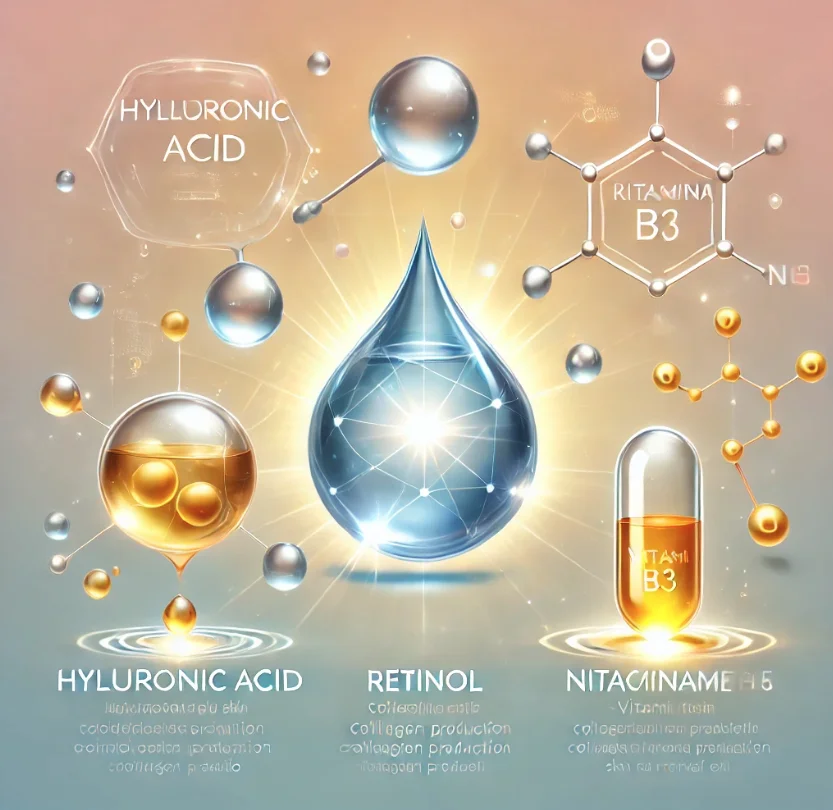 Ácido Hialurónico,Retinol: Estimulación de la Producción de Colágeno,Niacinamida (Vitamina B3): Renovación Celular y Luminosidad