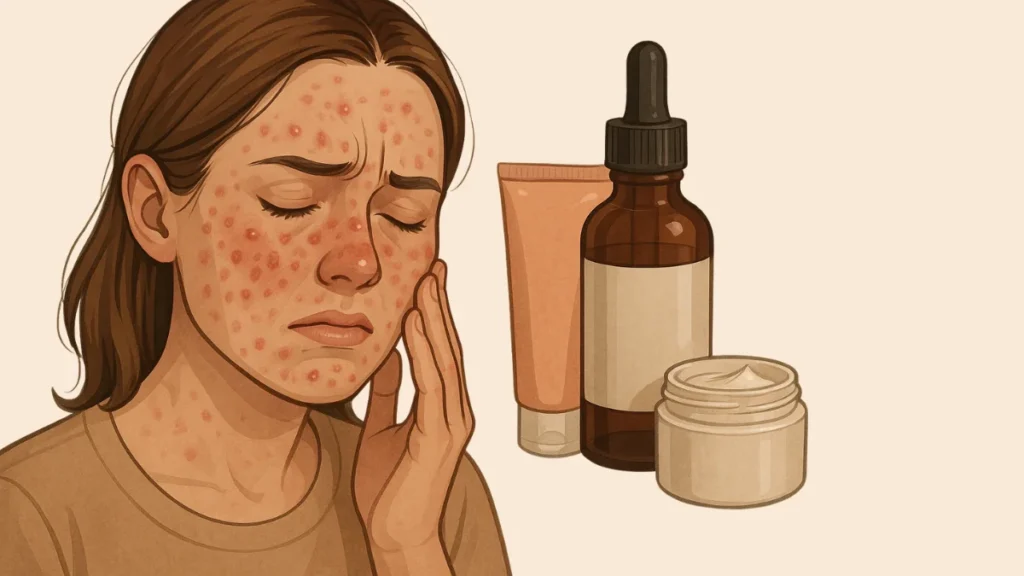Chica con acné inflamatorio severo junto a sérum, crema y gel facial irritantes.
