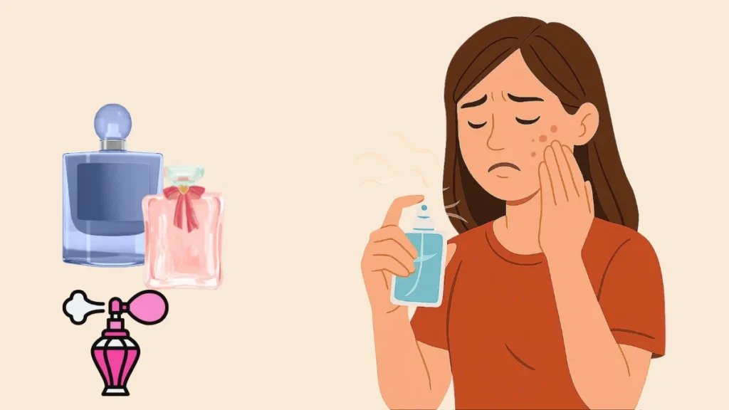 Chica con granitos tras rociar un spray perfumado en su rostro.