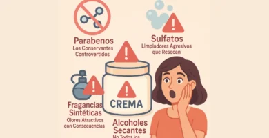 Infografía que muestra parabenos, sulfatos, fragancias sintéticas y alcoholes secantes como ingredientes nocivos en la crema facial.