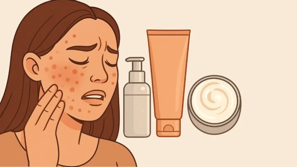 Mujer con brotes de acné junto a tres envases de crema facial convencionales.