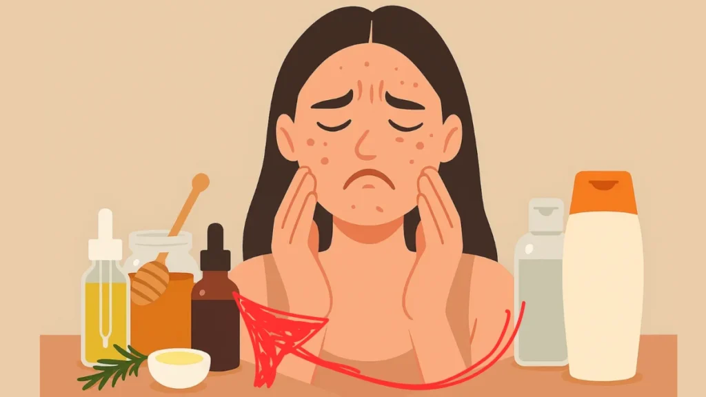 Mujer con acné rodeada de aceites naturales, miel y cosméticos comerciales señalados.
