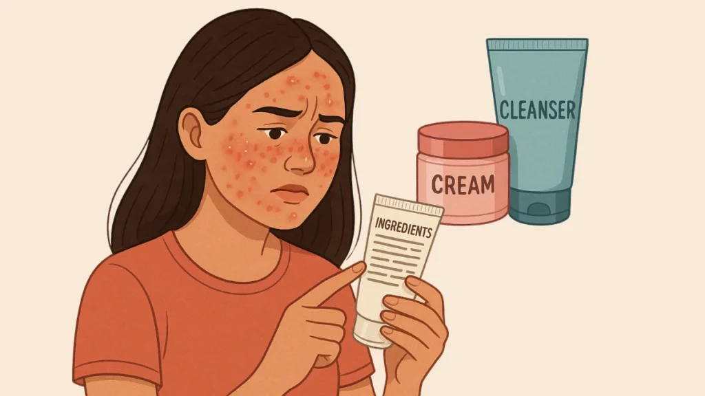 Adolescente con brotes revisa la lista de ingredientes de su crema y limpiador facial.