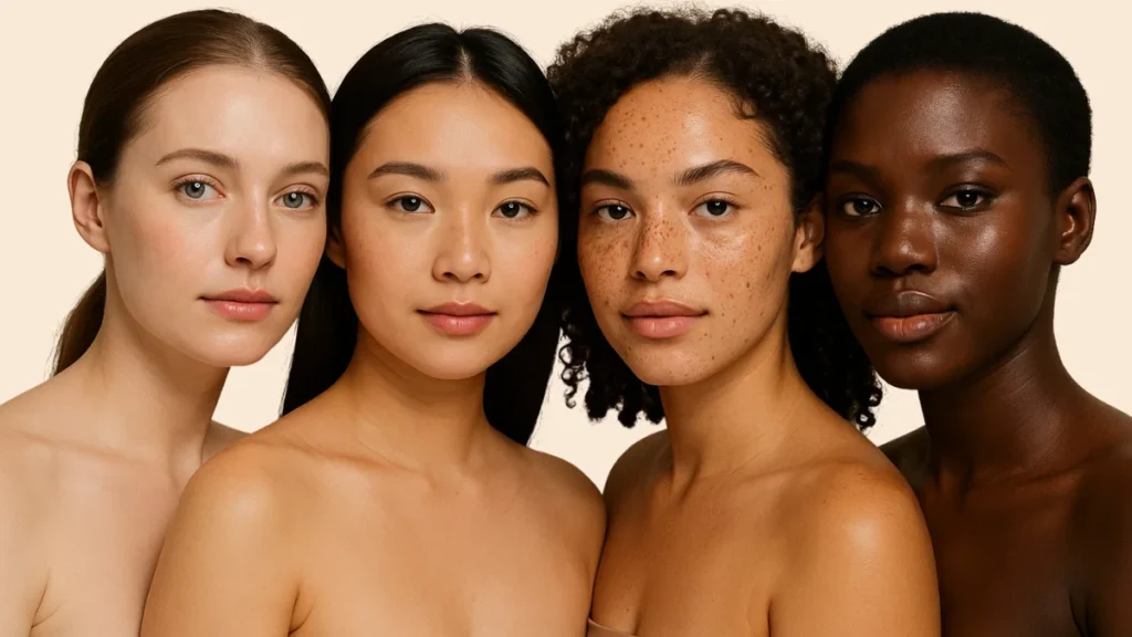 Retrato de cuatro mujeres de diferentes etnias con piel saludable y radiante.