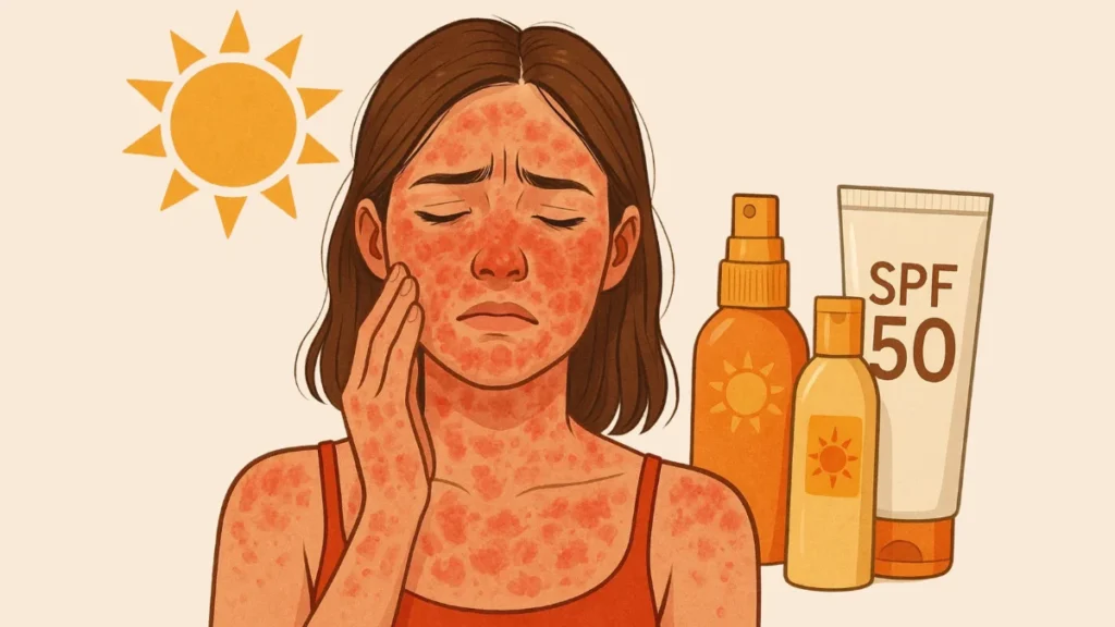Mujer con erupción cutánea tras exposición al sol y uso de protector solar químico SPF 50.